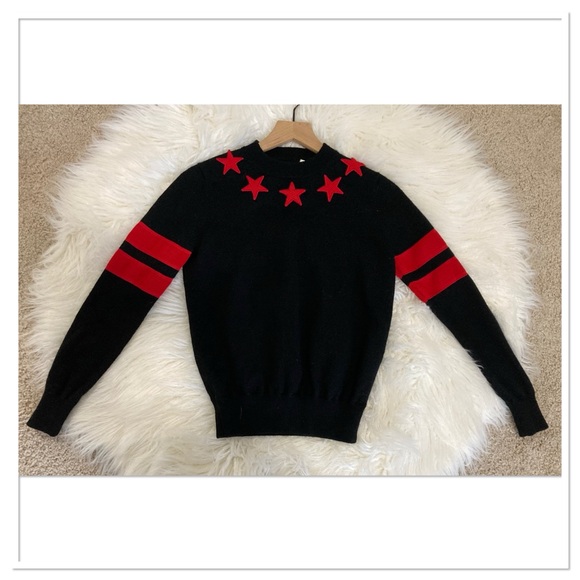 Givenchy Wool Stars & Striped Sweater Mock Neck Long Sleeve Black Red Size M - Picture 1 of 9